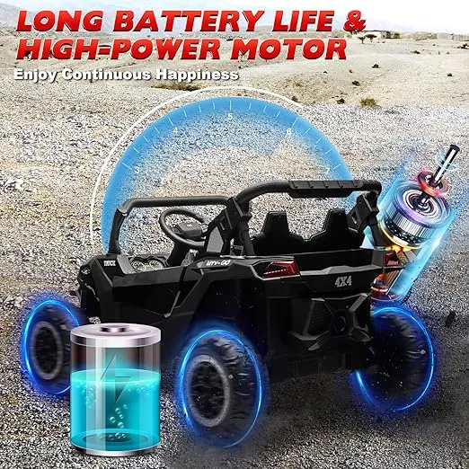 24V Ride on Car 2 Seater Ride on Toys for Big Kids 4WD 4X4 Off-Road 4X200W Powerful UTV Side by Side Electric Truck Power-Wheels with Remote Control 3 Speed, Bluetooth Music, String Bag, Black