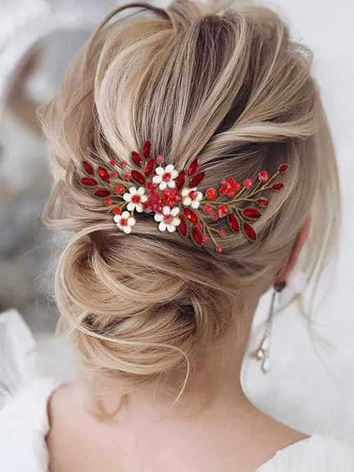 JAKAWIN Bride Wedding Hair Comb Pearl Flower Hair Piece Rhinestone Bridal Hair Accessories for Women HC034 (Red)