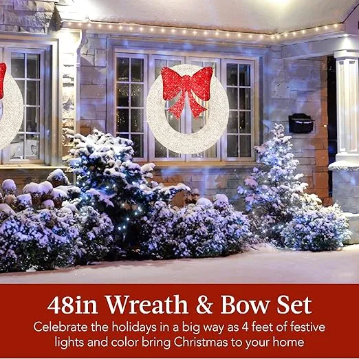 Best Choice Products 48in Pre-Lit Outdoor Christmas Wreath Decoration, LED Metal Holiday Decor for Home w/ 140 Lights, Bow - White/Red