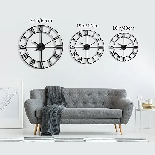 LEIKE Large Wall Clock, Silent, Non-Ticking Metal Wall Clock, Round Modern Wall Decor for Living Room, Bedroom Kitchen and Outdoor, 16-Inch (40cm, Black Roman Number)