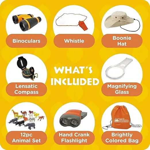 Outdoor Kids Adventure Kit - Explorer Kit with Binoculars, Animal Figurines, Flashlight, Safari Hat, Magnifying Glass, Compass, Camping Toys for Boys & Girls Age 3-12 Year Old