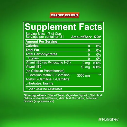 NutraKey L-Carnitine 3000mg, No Sugar, Gluten Free, Turn Into Fuel, (Orange Delight) 31 Servings