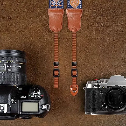 Padwa Lifestyle Camera Strap - 2" Cowhide Leather Head Ends Cotton Camera Straps for Photographers,Adjustable Neck Shoulder & Crossbody Embroidered Cotton Padded Strap for DSLR SLR Mirrorless Cameras
