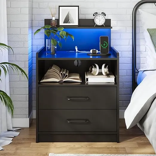 LED Nightstand with Charging Station, Night Stand with 2 Drawers and Open Storage, Bedside Table with LED Lights, Modern End Table with USB Ports Outlets, Black