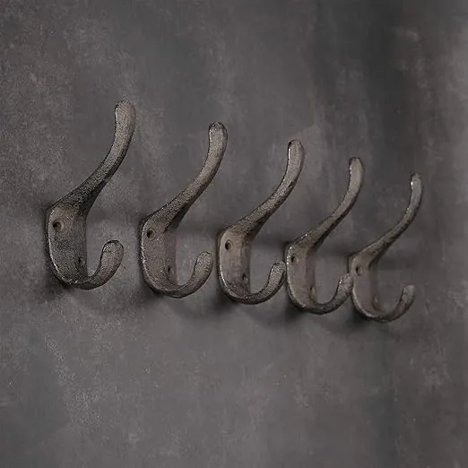 5 Pack Decorative Cast Iron Heavy Duty Double Hooks, Wall Mounted Coat Hooks, Vintage Inspired (Antique Black) (Spoon Hook)