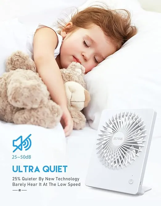 Zuvas Desk Fan Battery Operated Fan Rechargeable 180°Tilt Folding Personal Fan Ultra Quiet Small Portable Fan 3 Speed Adjustable Strong Wind USB Fan For Office Bedroom Home Desktop Camping (White)