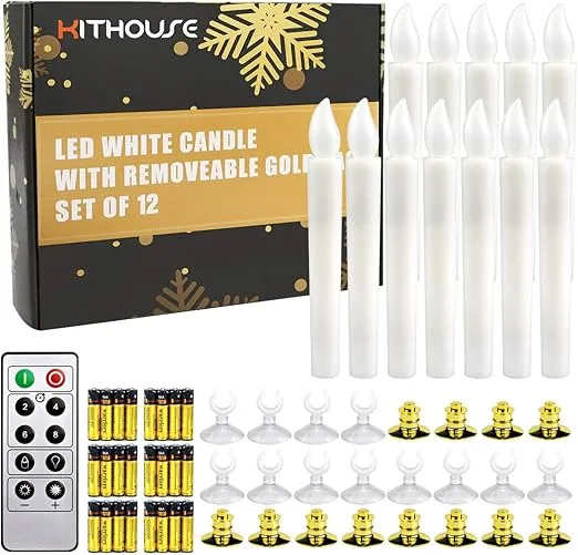 12 Set Christmas Window Candles Lights with Timer Battery Operated Electric LED Taper Candles Flameless for Windows, Gold Candle Holders, Suction Cups & 24 PCS Battery Included (12 Set)