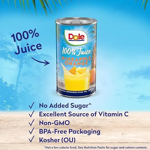 Dole Pineapple Orange Juice, 100% Fruit Juice with Added Vitamin C, 6 Fl Oz (Pack of 6), 48 Total Cans