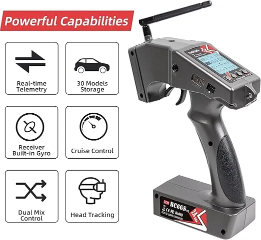 Radiolink RC6GS V3 7 Channels RC Transmitter and Waterproof Gyro Receiver R7FG, 30 Models Storage 2.4Ghz Voltage Telemetry Surface Remote Radio Controller for RC Crawler, Drifting, Car and Boat