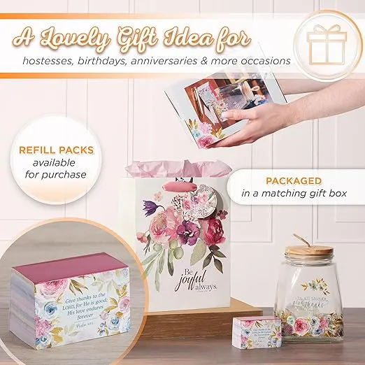 Christian Art Gifts Keepsake Count Your Blessings Glass Gratitude Jar Set with Bible Verse Note Cards: In All Things Give Thanks- 1 Thessalonians 5:16, Floral Pink Buttercup