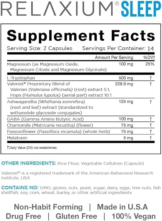 Relaxium Sleep Aid, 14-Day Supply, Non-Habit Forming, Dietary Supplement for Better Sleep, Drug-Free, Stress Relief, with Magnesium, Melatonin, GABA, Chamomile, Made in USA (28 Vegan Capsules)