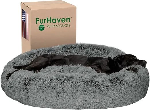 Furhaven 45" Round Calming Donut Dog Bed for Large Dogs, Refillable w/ Removable Washable Cover, For Dogs Up to 90 lbs - Shaggy Plush Long Faux Fur Donut Bed - Gray, Jumbo/XL