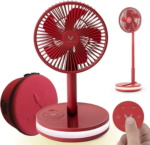 VENTY Portable Fan - Wireless Battery Operated Fan, 48HR Run Time 16000MAH Battery, Oscillating Rechargeable Fan, Remote Control & LED Lighting, Folding Telescopic Camping Fan (Red with Case)