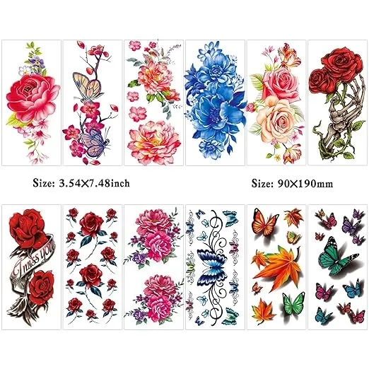 82 Sheets Flowers Temporary Tattoos Stickers, Roses, Butterflies and Multi-Colored Mixed Style Body Art Temporary Tattoos for Women, Girls or Kids