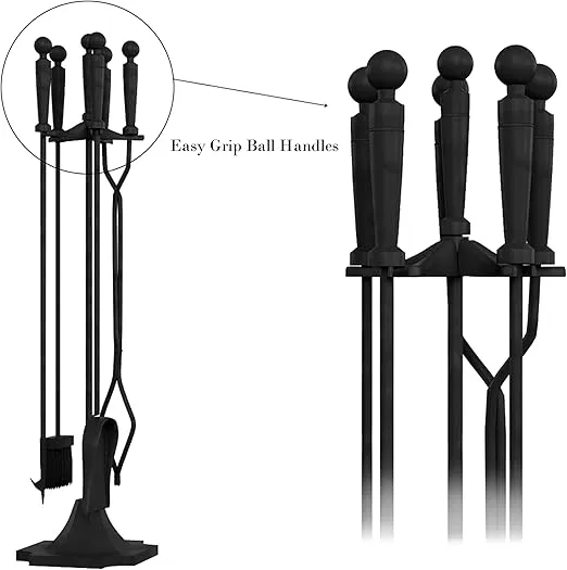 Lavish Home 5-Piece Fireplace Tools Set - Essential Heavy-Duty Accessories for Fireplaces - Includes Tongs, Shovel, Broom, Poker, and Stand