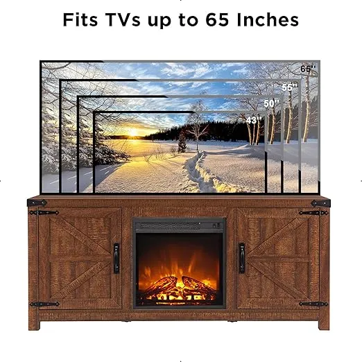 T4TREAM Fireplace TV Stand for 65 Inch TV, Farmhouse Barn Door Media Console, Entertainment Center with 18" Electric Fireplace Storage Cabinet Doors,for Living Room, 58 Inch, Reclaimed Barnwood