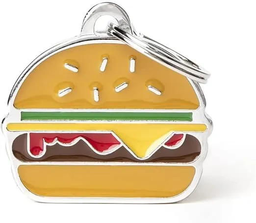 My Family Personalized Pet ID Tag Made in Italy, Burger, Free Engraved Dog Tag, Hand Enameled Metal, Food Collection