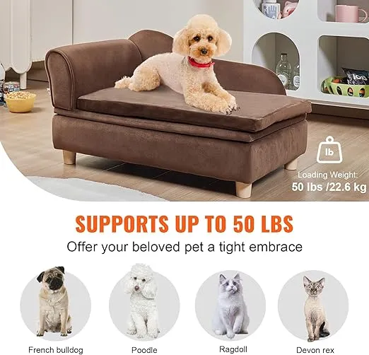 VEVOR Pet Sofa, Dog Couch for Medium-Sized Dogs and Cats, Soft Velvety Dog Sofa Bed, 60 lbs Loading Cat Sofa, Dark Brown
