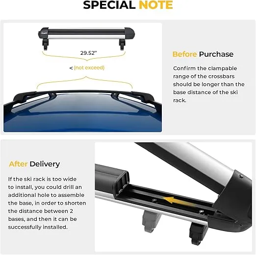 BougeRV Lockable Ski & Snowboard Racks, Extension with Sliding Feature, 28'' Fits 6 Pairs Skis or 4 Snowboards, Crab Mounting System Fits for Square/Round/Aero/Oval Cross Bars