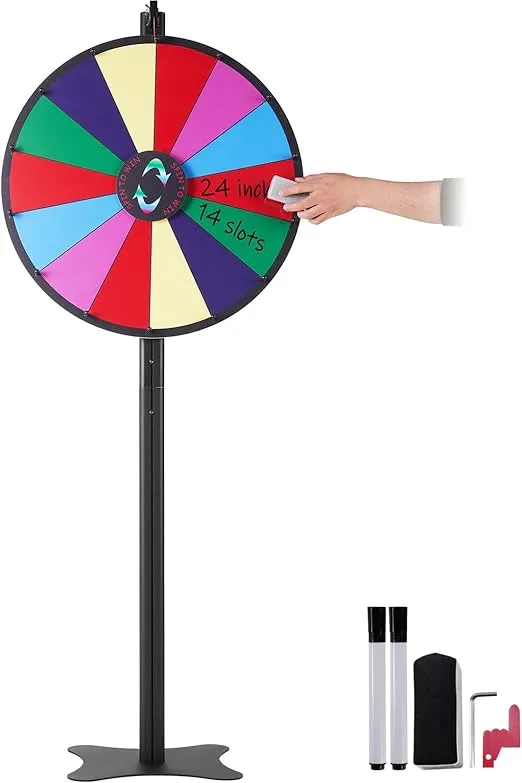 VEVOR 24 inch Spinning Prize Wheel, 14 Slots Spinning Wheel, Roulette Wheel with a Dry Erase and 2 Markers, Tabletop or Floor Standing Win Fortune Spin Games in Party Pub Trade Show Carnival