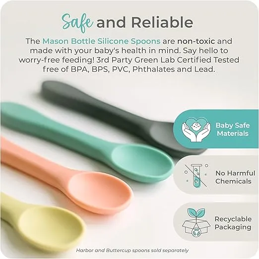 Mason Bottle Silicone Baby Spoons (2-Pack) - Feeding Spoons for Babies 6-12 Months & Up - BPA-Free, Non Toxic Baby Spoons - Baby Puree Spoons, Infant Utensils w/Case (Teal & Grey)