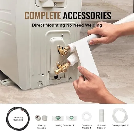VEVOR 25FT Mini Split Line Set, 1/4" & 1/2" O.D Copper Pipes Tubing and Triple-Layer Insulation, for Air Conditioning or Heating Pump Equipment & HVAC with Rich Accessories (27ft Connection Cable)