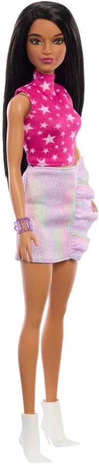 Barbie Fashionistas Doll #215 with Black Straight Hair, Pink Star-Print Top & Iridescent Skirt, 65th Anniversary Collectible Fashion Doll