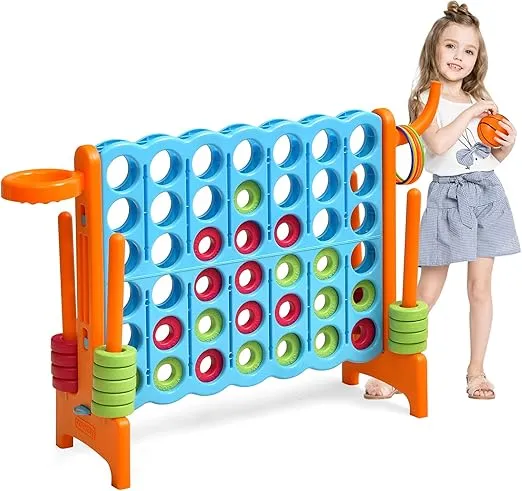 COSTWAY Jumbo 4-to-Score Giant Game Set for Kids & Adults, 2.5Ft Indoor Outdoor Game with Basketball Hoop, Ring Game, 42 Jumbo Rings, Quick-Release Slider, Perfect for Birth & Holiday Party