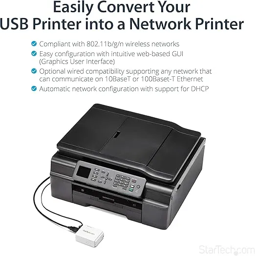 StarTech.com StarTech.com 1-Port Wireless N USB 2.0 Network Print Server - 10/100 Mbps Ethernet USB Printer Server Adapter - Windows 10 - 802.11 b/g/n , TAA (PM1115UW)