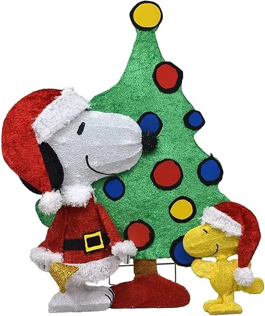 PRODUCTWORKS Peanuts Pre-Lit Snoopy and Woodstock Christmas Tree Indoor/Outdoor Yard Ornament, Holiday Display with 70 Lights, 32 Inches