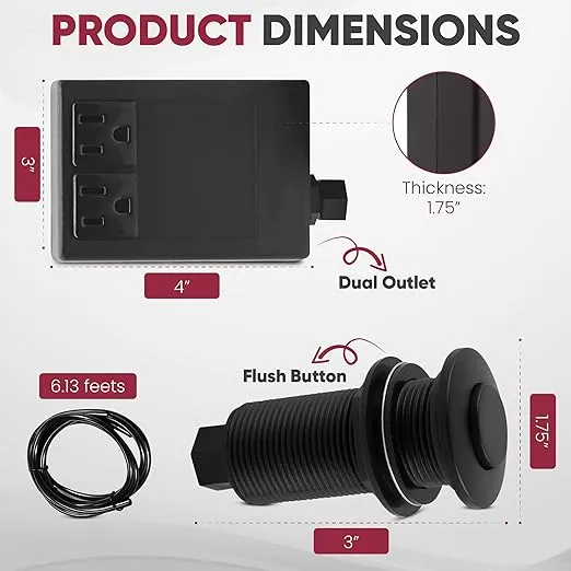 Westbrass ASB-2B3-62 Sink Top Waste Disposal Air Switch and Dual Outlet Control Box, Flush Button, Matte Black