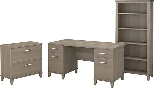 Bush Furniture Somerset 60W Office Desk with Lateral File Cabinet and 5 Shelf Bookcase in Ash Gray