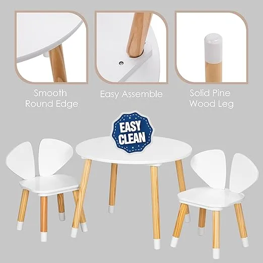 UTEX Kids Table and Chair Set, Toddler Table with Elephant Ear Chairs, 3 Pieces Kids Round Table for Toddlers, Girls, Boys,White