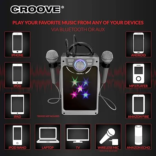 Croove Karaoke Machine for Kids - Kids Karaoke Machine for Girls and Boys with 2 Microphones – Bluetooth, AUX, USB Connectivity and Flashing Disco Lights in Singing Machine