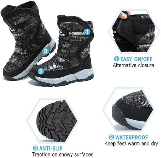 HOBIBEAR Kids Winter Snow Boots Waterproof Outdoor Warm Faux Fur Lined Shoes