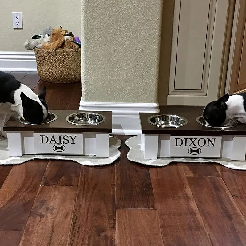 Personalized Elevated Dog Bowl Stand for Large, Medium, Small, X-Small Dogs - Stainless Steel Food and Water Bowls - Raised Dog Dish with Internal Storage (Large, Dark Walnut)