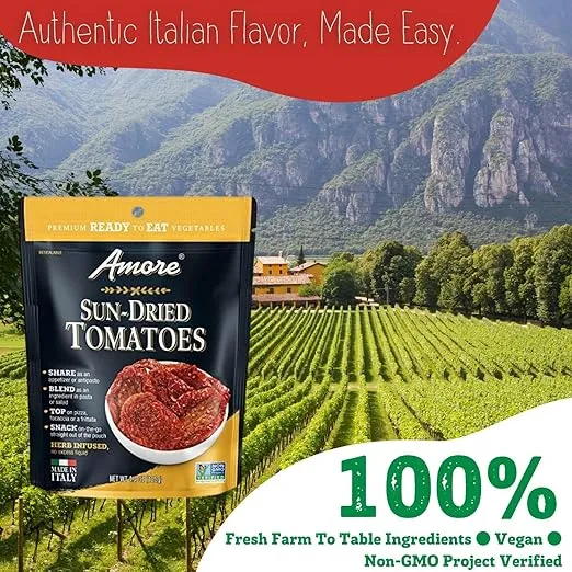Amore Vegan Sun Dried Tomatoes - Non GMO Certified Ready-to-Eat Herb Infused Vegetables In Resealable Bags 4.4 Ounce (Pack of 10)