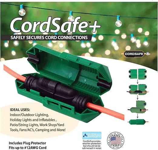 Outdoor Extension Cord Safety Cover – Weather resistant, Durable Plug Protector, Indoor & Outdoor Use – Electrical Cord Connection for Holiday and Patio String Lights, Power Tools, Green 1PK