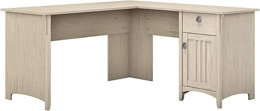 Bush Furniture Salinas L Shaped Desk with Storage in Antique White | Modern Farmhouse Corner Table with Drawers and Cabinets for Home Office