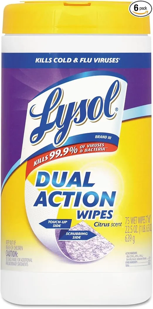 Lysol, Dual Action Complete Clean Disinfecting Wipes, White, 75 Count , Citrus, 450 Count, (Pack of 6)