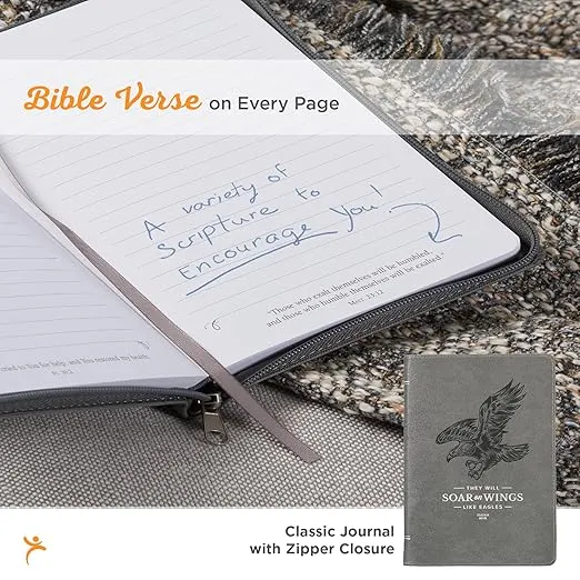 Christian Art Gifts Scripture Journal Gray Wings Like Eagles Isaiah 40:31 Bible Verse Inspirational Faux Leather Notebook, Zipper Closure, 336 Ruled Pages, Ribbon