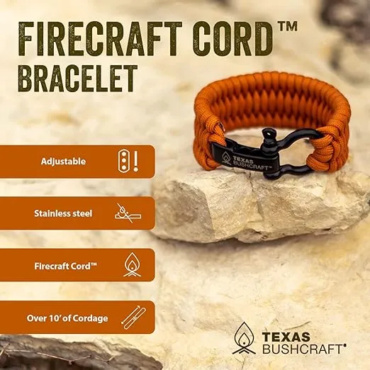 Texas Bushcraft Firecraft Cord Survival Bracelet – Paracord Bracelet with Bow Shackle for Camping and Emergency – 3 Extra Strands Include Wax Thread, Tinder, and Fishing Line
