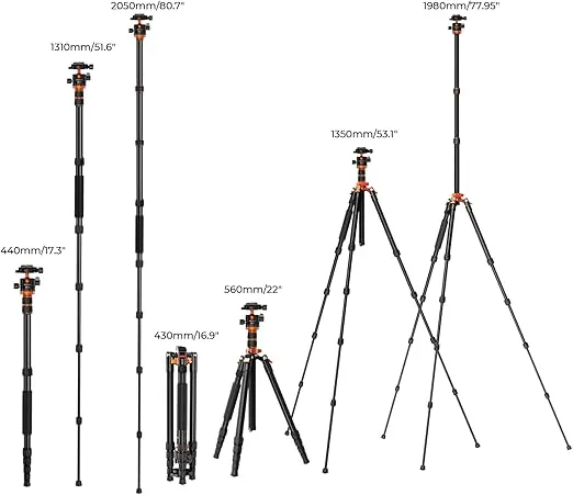 K&F Concept 78 inch/198cm Camera Tripod,3 Sections Central Axis Travel Tripod with 32mm Metal Ball Head Load Capacity 26.4 lbs/12KG for DSLR Cameras Indoor Outdoor Use