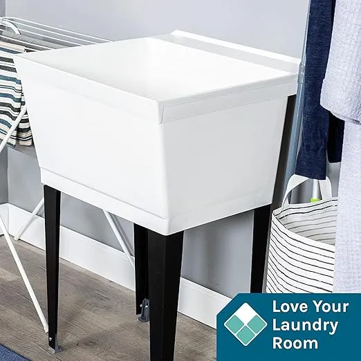 19 Gallon Utility Sink Laundry Tub by JS Jackson Supplies with Adjustable Metal Legs, Ideal for Laundry Room, Basement, or Garage Workshop. Heavy Duty Shop Sink. No Faucet Included (White)