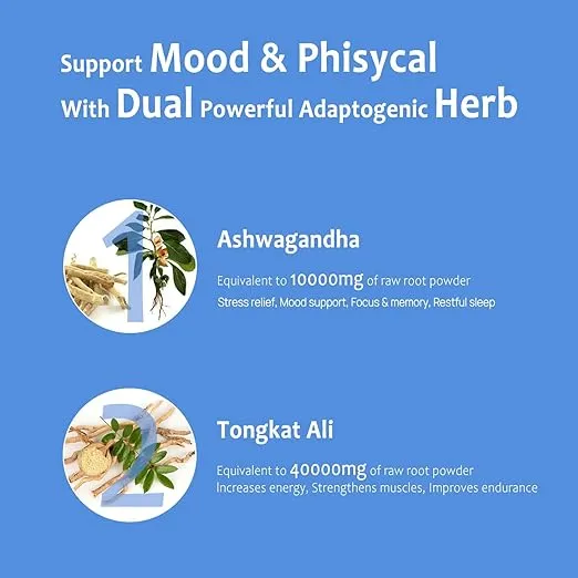 Ashwagandha 10000mg Tongkat Ali 40000mg Supplement with Multivitamin D3 K2 - Men's Health & Stress, Mood, Energy, Endurance Support - Ashwagandha Capsules Tongkat Ali for Men USA - 60 Count