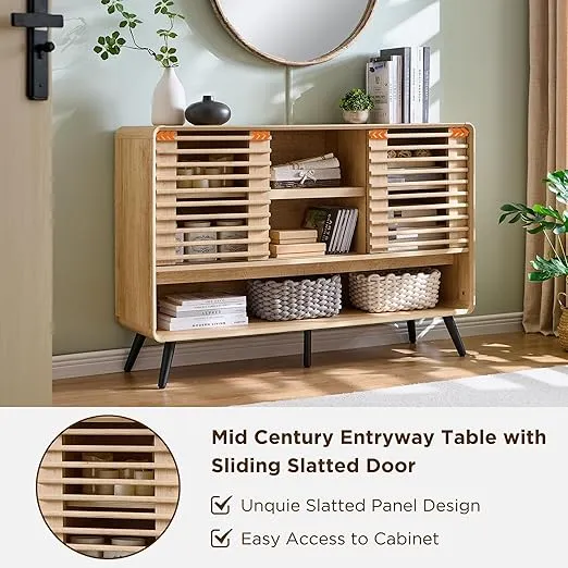 OKD Entryway Table with Sliding Slatted Door, 46" Mid Century Modern Wood Console Table w/Adjustable & Open Storage Shelf, Sofa Table Behind Couch for Hallway, Foyer, Living Room, Natural Oak