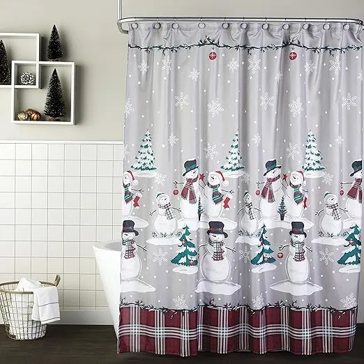 SKL Home Christmas/Winter Plaid Snowman Shower Curtain & 12pc Hook Set, Multi