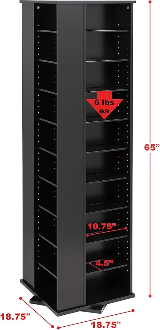 Prepac 4 Revolving Display Cabinet Media Storage, Large Four-Sided Spinning Tower, Black