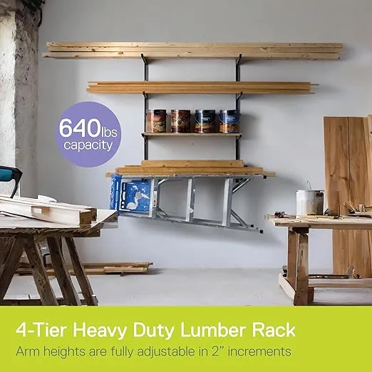 Heavy Duty 4-Tier Lumber Storage Rack by Delta Cycle, Holds Up to 640 lbs - Wood Storage Rack with Fully Adjustable Arms - Steel Construction Storage Solution for Garage, Basement & Pantry