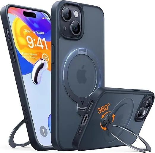 TORRAS 2024 Upgraded 360°Spin Magnetic Stand for iPhone 15 Case, Fit for MagSafe with Stand & Ring Holder, Military Grade Protection Translucent Slim Case for iPhone 15 Phone Case, Ostand,Black